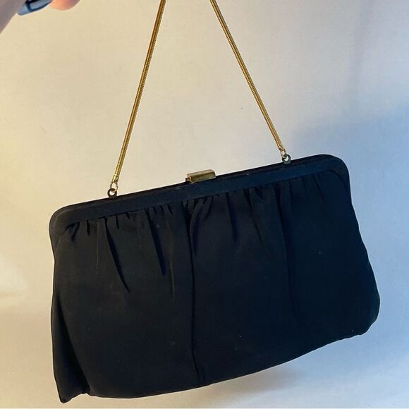 Vintage Garay black snap jaw clamshell evening bag gold hardware & change purse - Picture 4 of 10